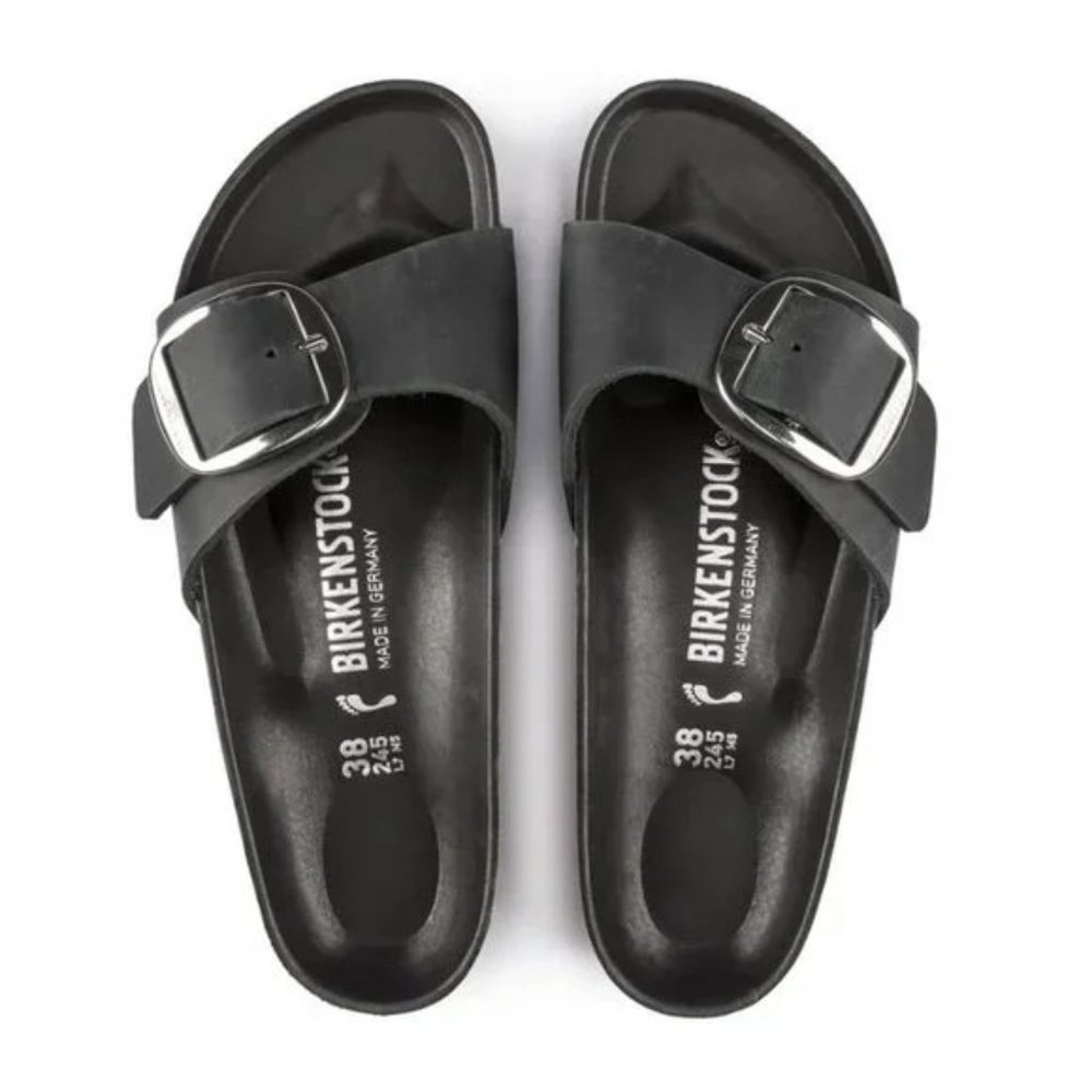Birkenstock Black Single Strap Slide Sandal with Silver Buckle - Picture 2 of 7